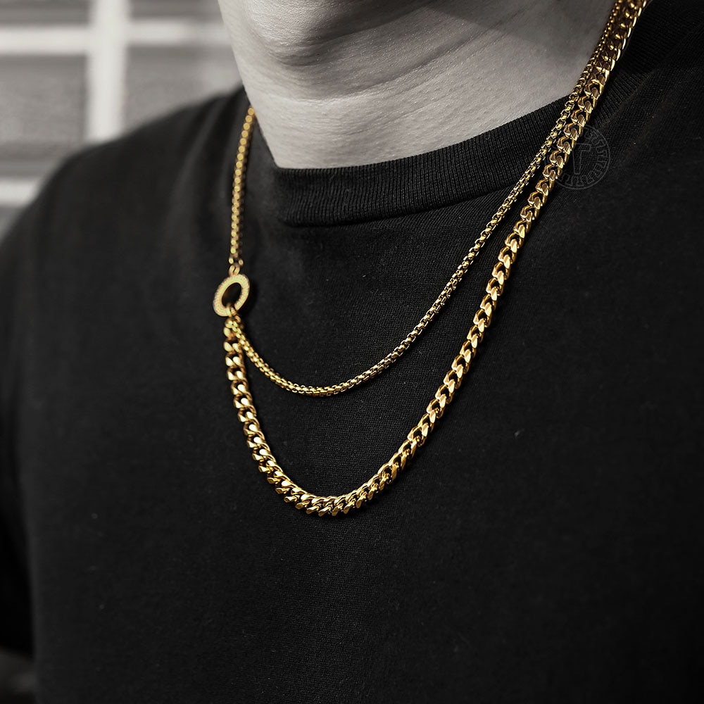 Men's Punk Gold Stainless Steel Layered Chain Necklace Box Curb Link Chain Stylish Hip Pop Male Jewelry TNS021