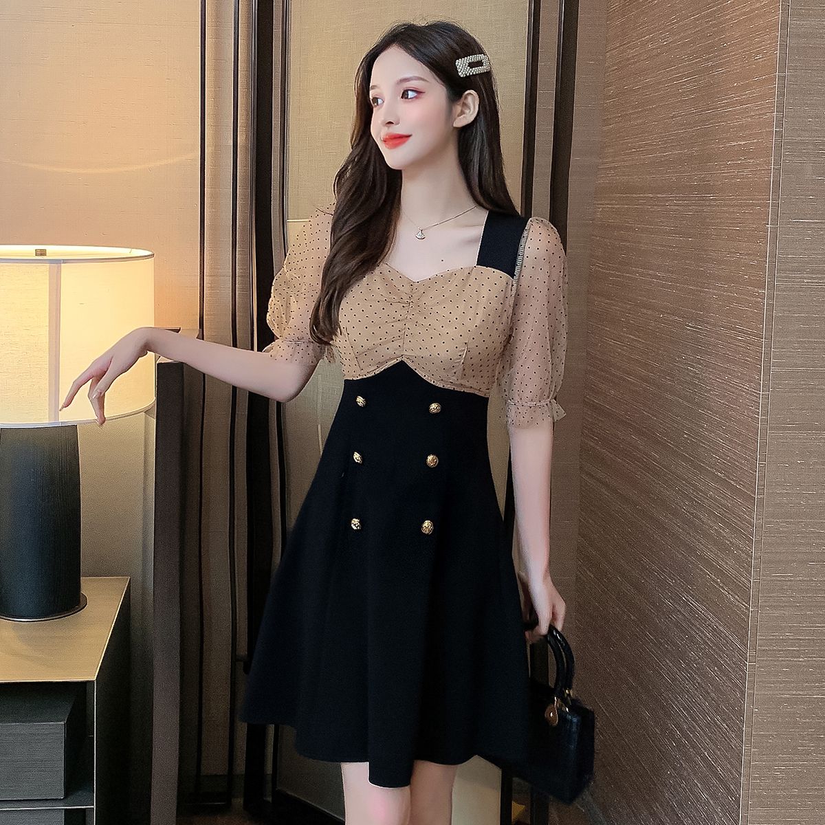 COIGARSAM Women one-piece dress korean Summer Mesh Dresses Black 622: S
