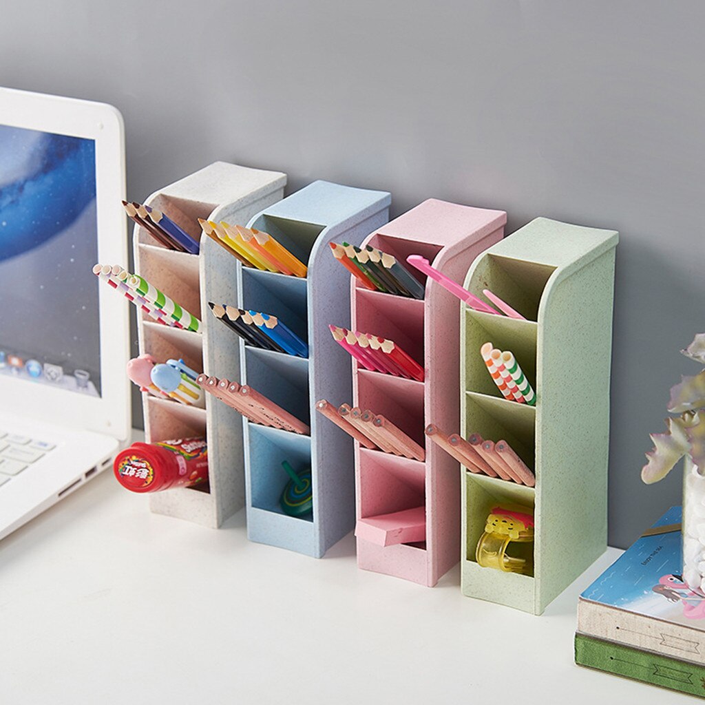 Multi-function 4 Grid Desktop Pen Holder Office School Storage Case made by eco-friendly wheat straw Desk Pen Pencil Organizer