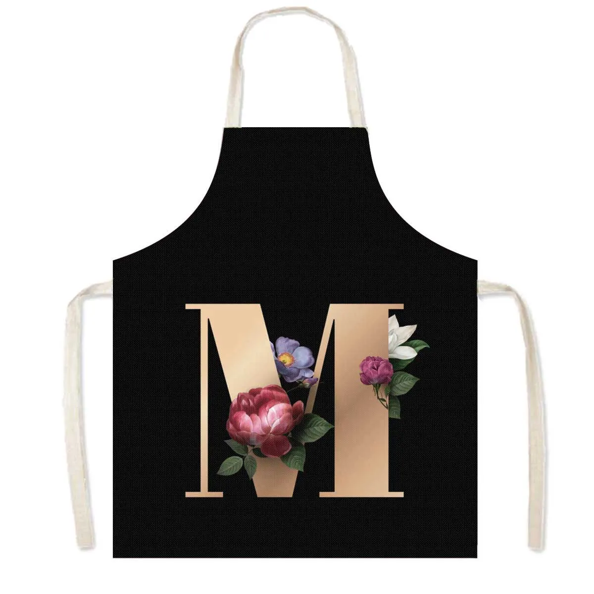 Delantal de cocina con estampado de flores y 26 iniciales, delantales de cocina con letras de A-Z para mujer, Chef de barbacoa, camarero, herramienta de limpieza para hornear en casa, delantal