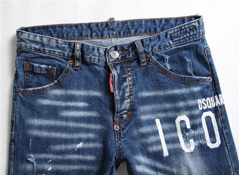 Ikon blå merke maling revet skrog vill personlighet jeans menn & #39 ;s nedre denim bukser lomme glidelås merking uformell Port