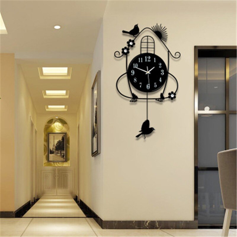 Pendulum Light in the Dark Wall Clock Modern Living Room Luminous Bird Metal 3D DIY Stickers Pared Con Pendulo Home Decor: No sticker black