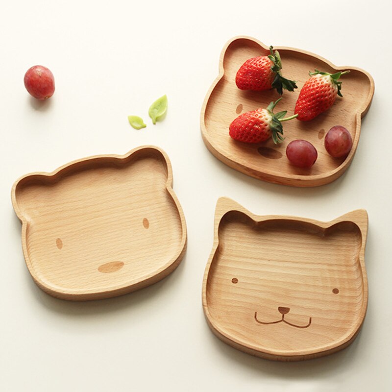 Animal Shaped Solid Wood Dinner Plate Cartoon Tray Children&#39;s Feeding Set Cutlery Wooden Plate Dessert Plate
