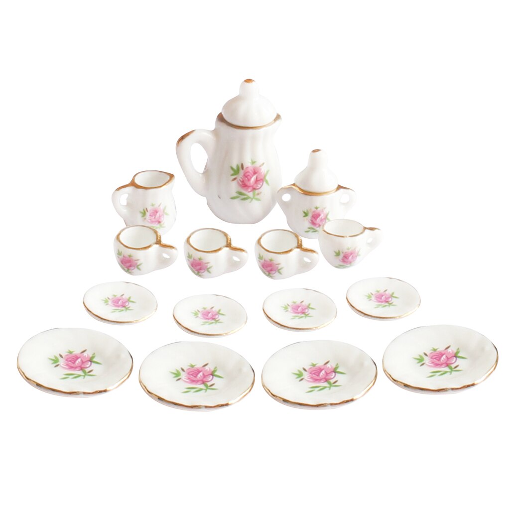 15pcs Dolls House Miniature China Ceramic Porcelain Coffee Tea Set 1/12 Scale