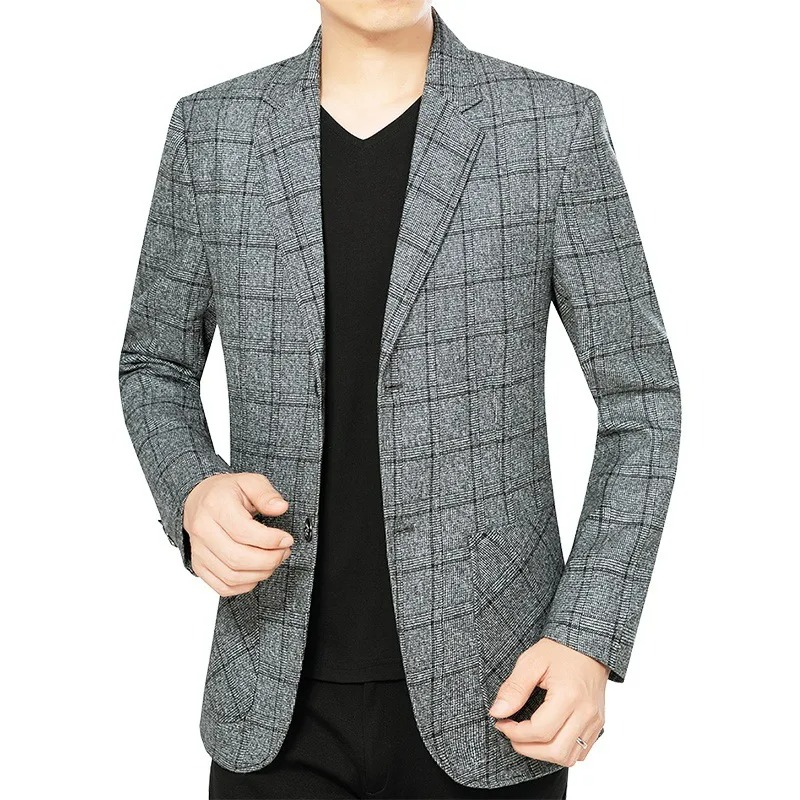 Herren Anzugjacke Vintage Kariert Umlegekragen Einreihig Männliche Oberbekleidung Business Casual Langarm mit Taschen Herren Blazer