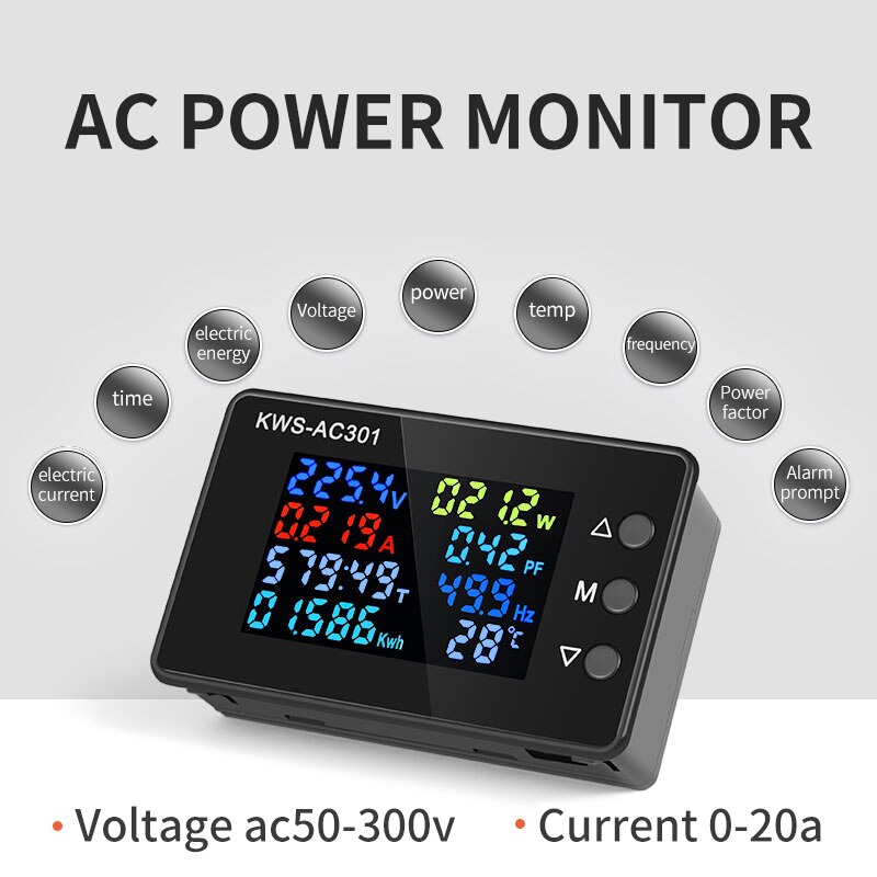 Voltímetro Digital de KWS-AC301, medidor de potencia eléctrica, vatímetro, analizadores de energía CA 50-300V, Detector de voltaje 0-100A 50-60HZ: AC-20A