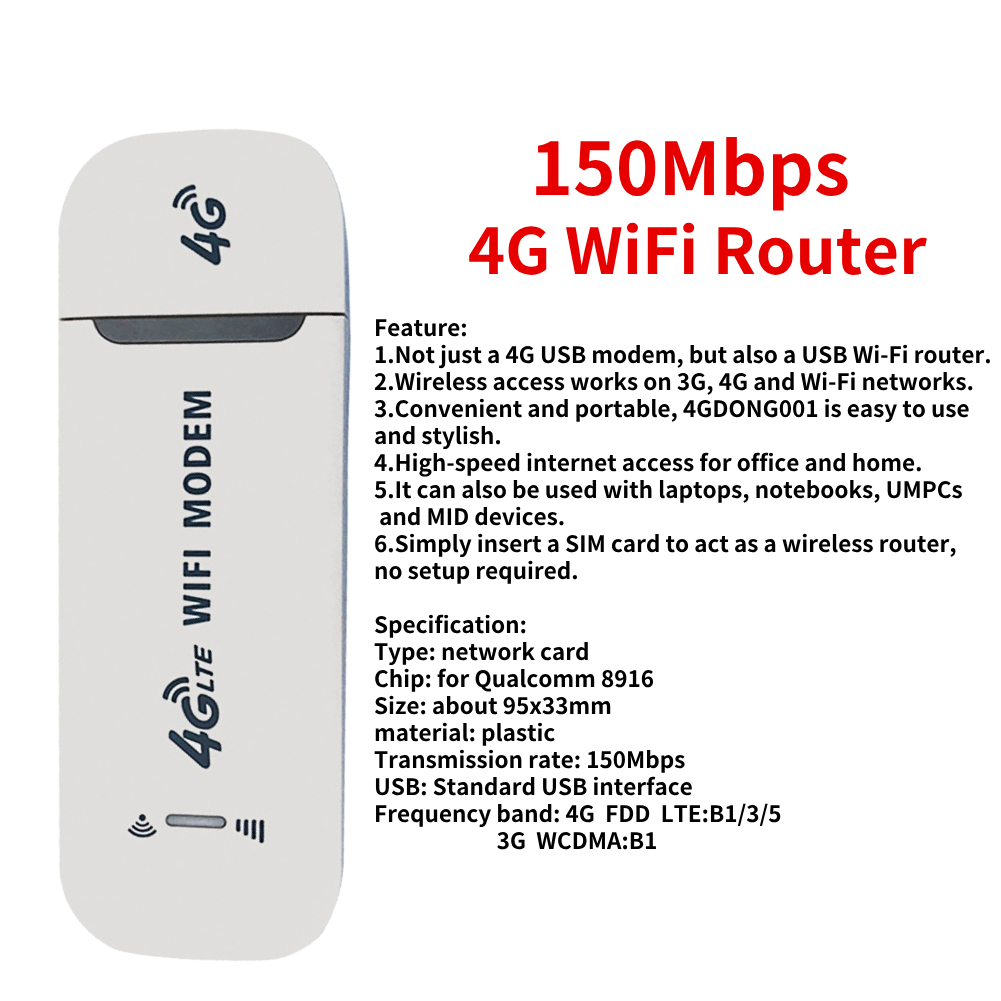 4G Wireless LTE WiFi Router 4G SIM Card Portable 150Mbps USB Modem Pocket Hotspot Dongle Mobile Broadband for Home Office WiFi: WHITE