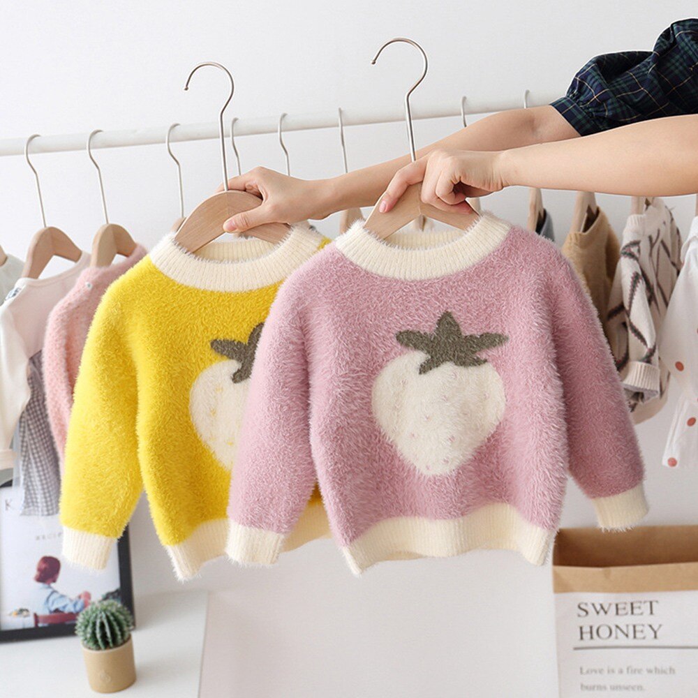 Efterår vinter piger børn jordbær strik strikning kint o-hals langærmet sweater toppe outwear  s9508