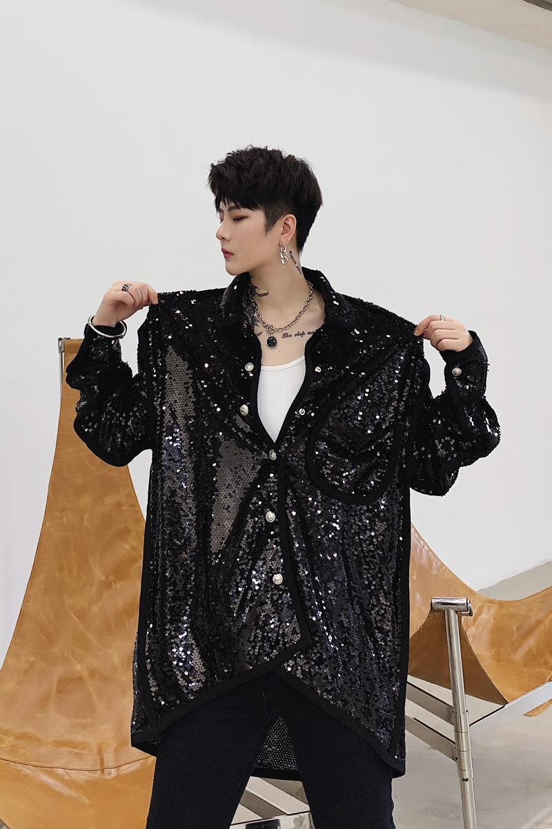 Autumn personality sequins Korean men's loose long-sleeved shirt nightclub bar dj singer costume coat