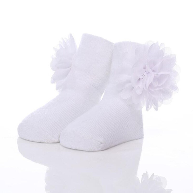 Blomster baby bomull sokker chiffon blomster jenter sokker: Hvit