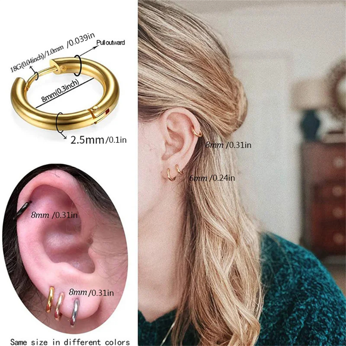 Pendientes de aro pequeños de acero inoxidable 316L, simplicidad de , cartílago, Tragus, Concha, hélice delantera, joyería para Piercing en la oreja, 2/8 Uds.