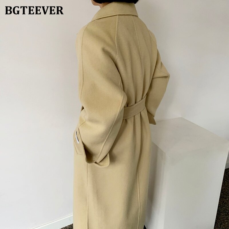 BGTEEVER-abrigos de mezcla larga para mujer, abrigos gruesos de invierno, abrigos cálidos con cordones y cuello con muescas,