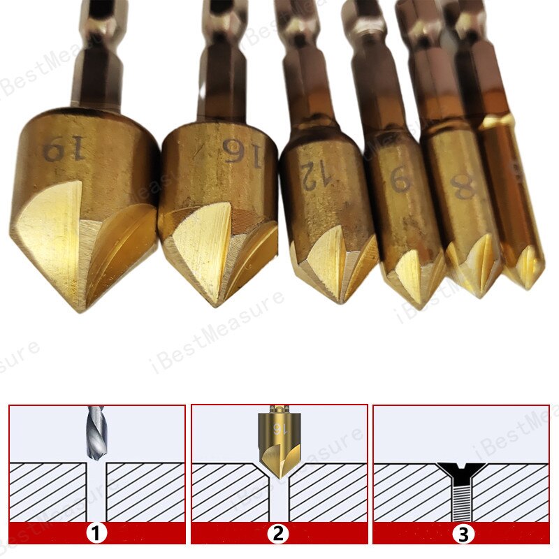 6 Pcs Verzinkboor Boor Set 1/4 &#39;&#39;Hex Shank Hss 5 Fluit Verzinkboor 90 Graden Hout Afkanten Cutter Afschuining 6Mm-19Mm