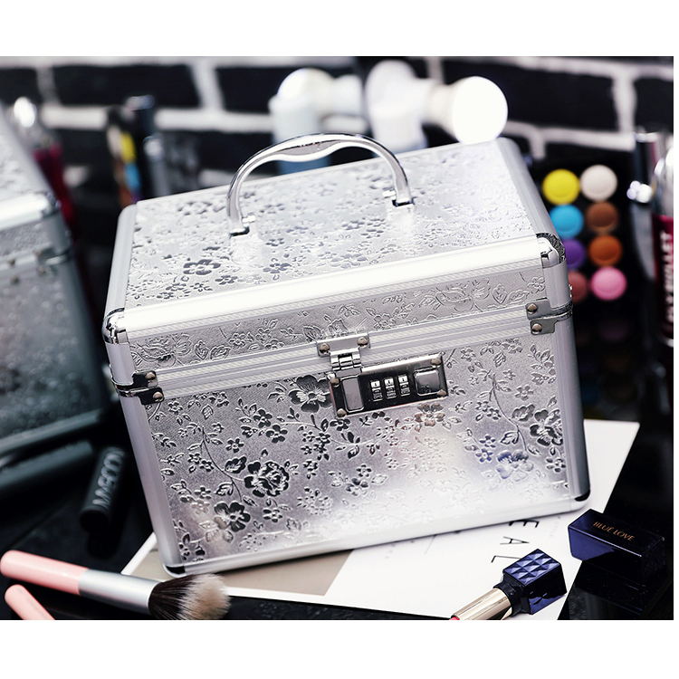Aluminiumslegering værktøjskasse kuffert kosmetisk etui, smykker makeup opbevaringsboks bryllupsdag fødselsdag rejse bagage taske: Sølv-a