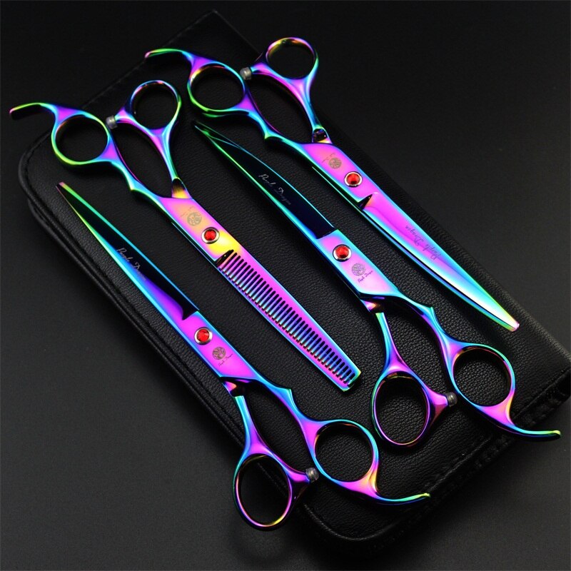 7.0 inch Professionele Huisdier Schaar Hond Verzorgen Schaar Set Straight &amp; Gebogen &amp; Dunner 4 stks Set Huisdier haircut Gereedschap