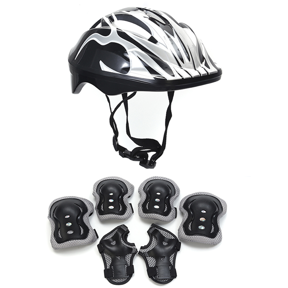 7Pcs Bicycle Sport Protective Gear Set Breathable Kids Skateboard Scooter Helmet Set 48-55cm for Skateboard/Bike/Skating/Cycling: WHITE