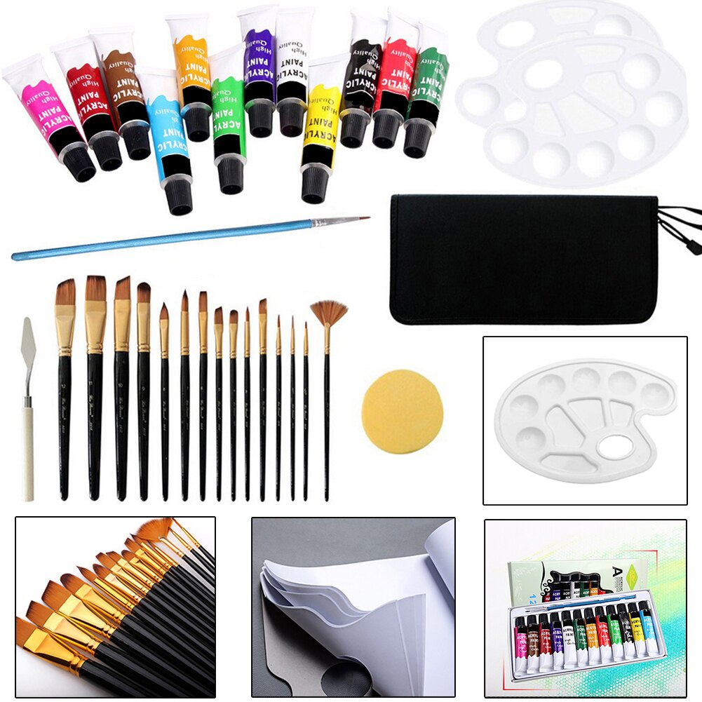33pcs Acrylic Artist Painting Set Aluminum Table Easel 12 Acrylic Colors Stretched Canvas Paint Brushes Plastic Palette: Default Title