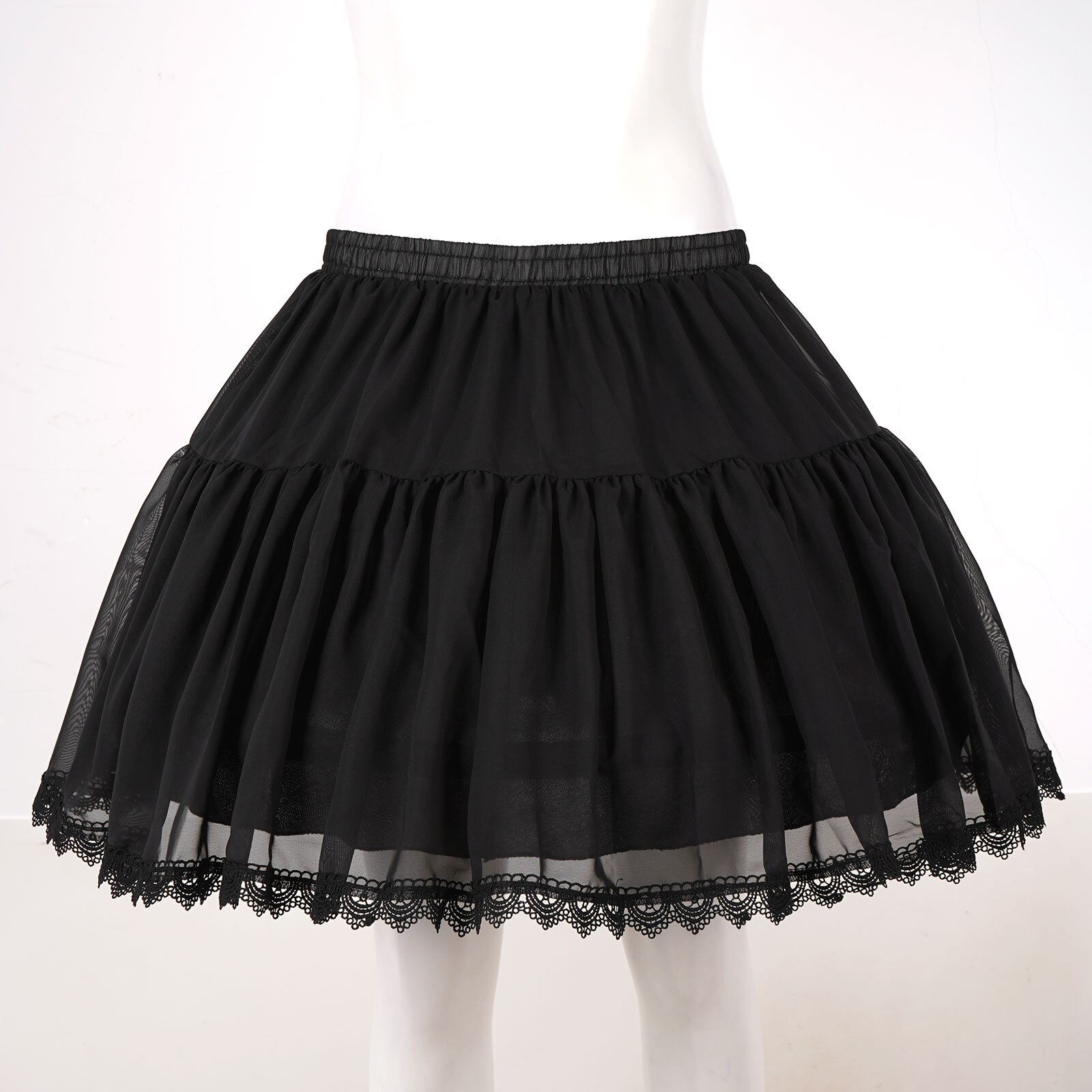 Women Girls Sweet Black Lace Trim Hoop Tutu Petticoat Crinoline Cosplay Elastic Waistband Chiffon Slips Underskirt Lolita Skirt