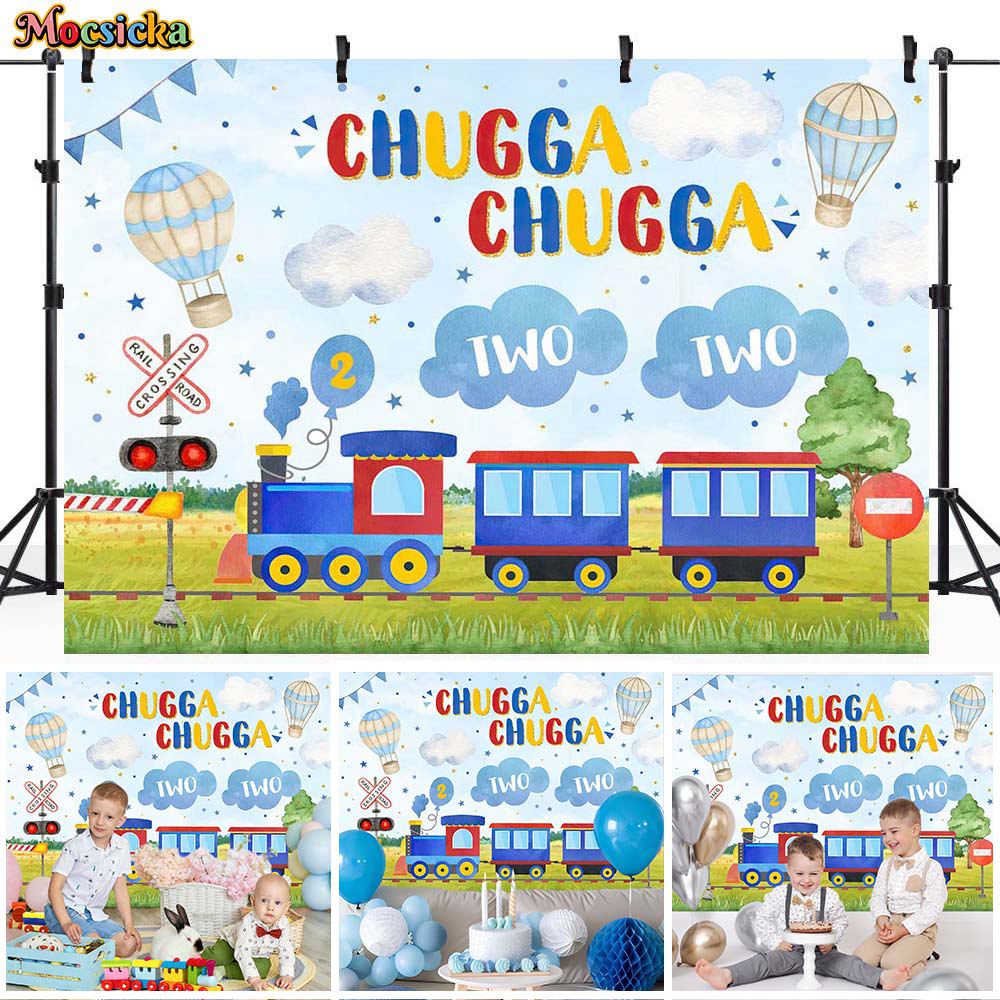 Mocsicka Choo Choo Train Kids 2nd Birthday Background Hot Air Balloon Boy Two Cake Smash Portrait Photography Background Photocall