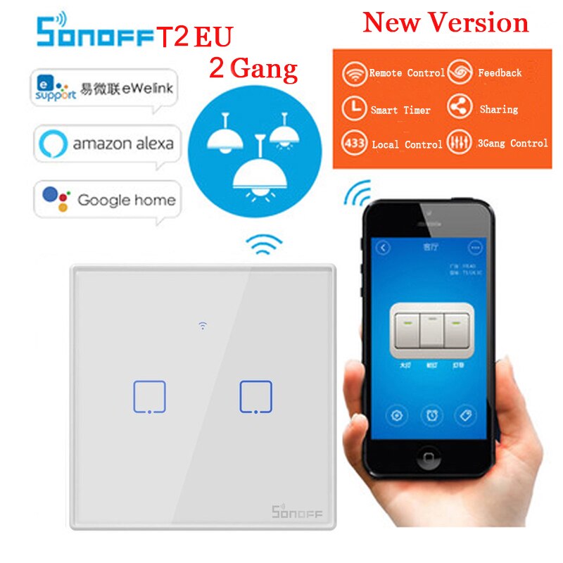 Sonoff tx  t0 t2 t3 eu smart switch wifi touch væglampe smart home fjernbetjening trådløs timerkontakt via ewelink app: Sonoff  t2 eu 2 bande