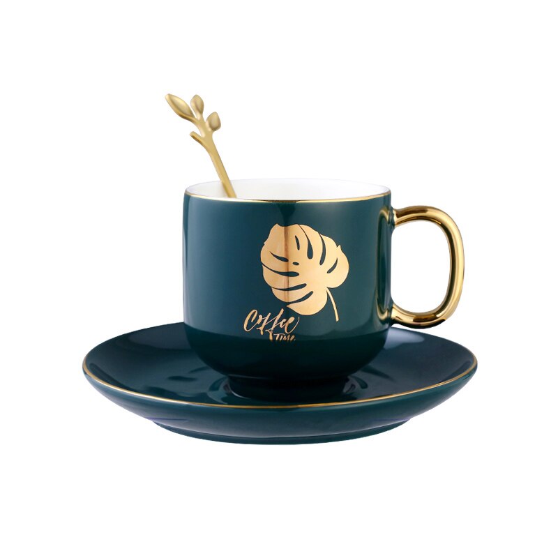 Europese Keramische Kopje Koffie Set Creatieve Eenvoudige Groene Goud Velg Turkse Koffie Cups Licht Luxe Tazas De Cafe Drinkware BE50CP