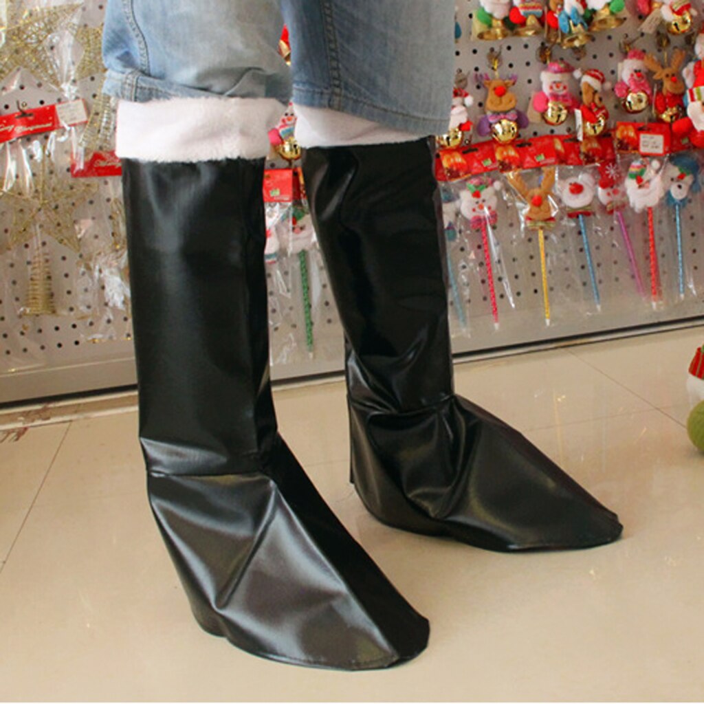 Christmas Santa Claus Costume Boots with Faux Fur Props Lighten Footwear Black