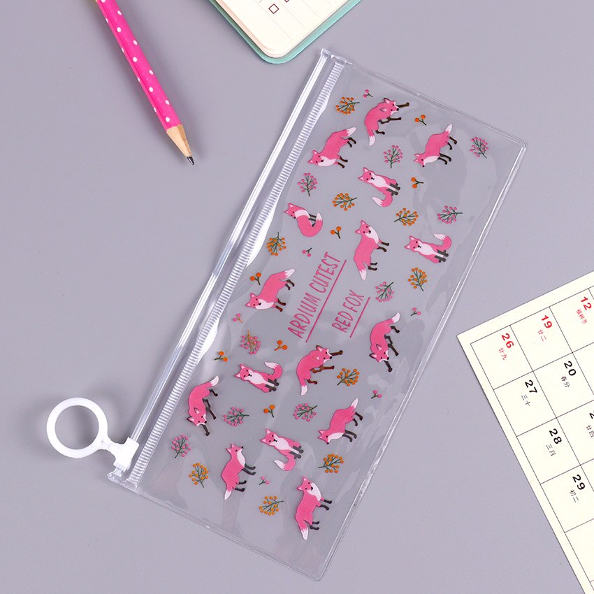 Kawaii Kleine Bloemen Dieren Etui Leuke Transparante PVC Potlood Tas Voor Meisjes Kids Kinderen School Leveranties Briefpapier: Fox