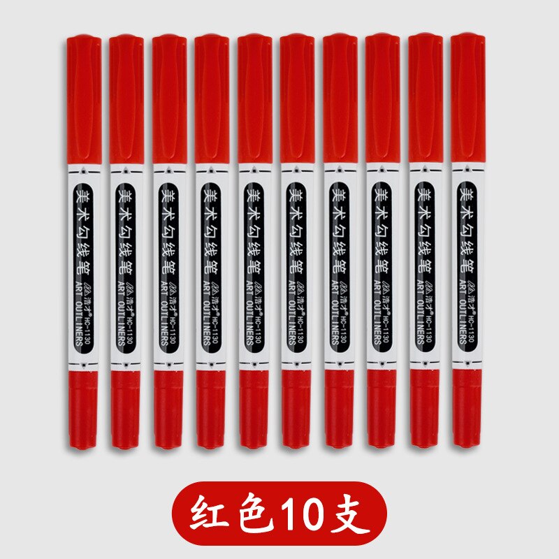 10pcs Line Drawing Pen Double Headed Oily Big Head Black Thick Pen Non Fading Marking Pen Art Pen Black Students: 10pcs red pen