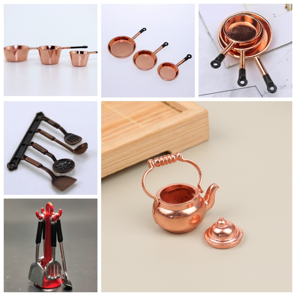 Hervidor 1:12 Mini juegos de utensilios de cocina utensilios de cocina escala 1:12 juego de cocina para muñecas Mini Kit de cocina de aleación