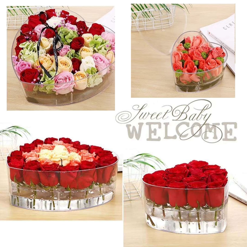 Heart Clear Acrylic Eternal Flower Boxes +Lid Transparent Rose Flower Packaging Florist Makeup Organizer Valentines Day DIY