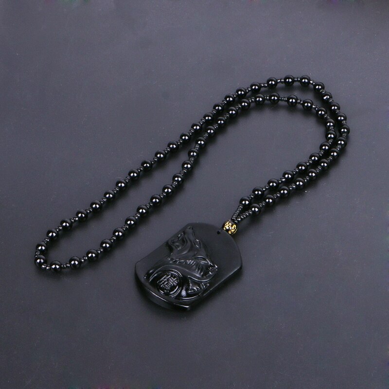 Javrick Black Obsidian Wolf Ketting Carving Wolf Hoofd Amulet Hanger Met Ketting Obsidiaan Blessing Lucky Hangers Sieraden