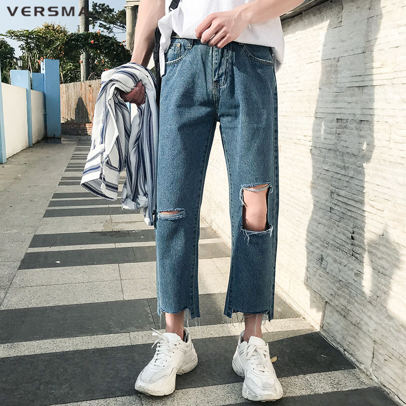 VERSMA-ropa de calle GD para hombre, pantalones vaqueros rasgados de motorista, rasgados, Rip Curl, Hip Hop, Punk, desgastados, 3/4
