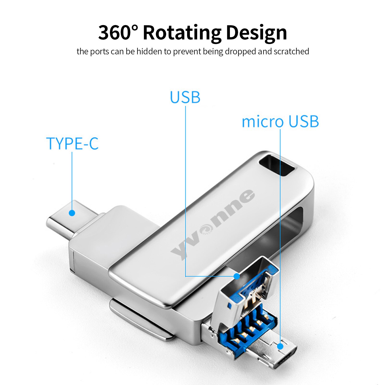 yvonne Y40D usb flash drive USB3.0 High Speed Rotating USB Type-C Micro USB Three Ports OTG u disk for Mobile Phone/PC/Laptop