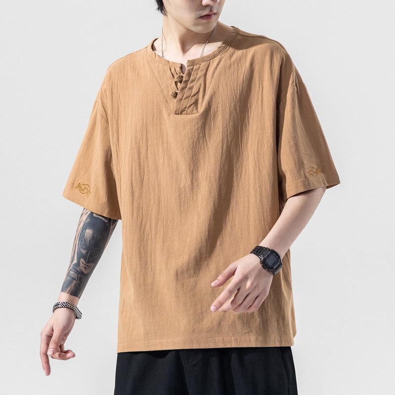 Japanse Kimono Korte Mouwen T-shirt Geborduurd Harajuku Yukata Japan Zomer Mannelijke Linnen Mannen Shirts Broek Aziatische Kostuum: color 3 / 3XL 78-90KG