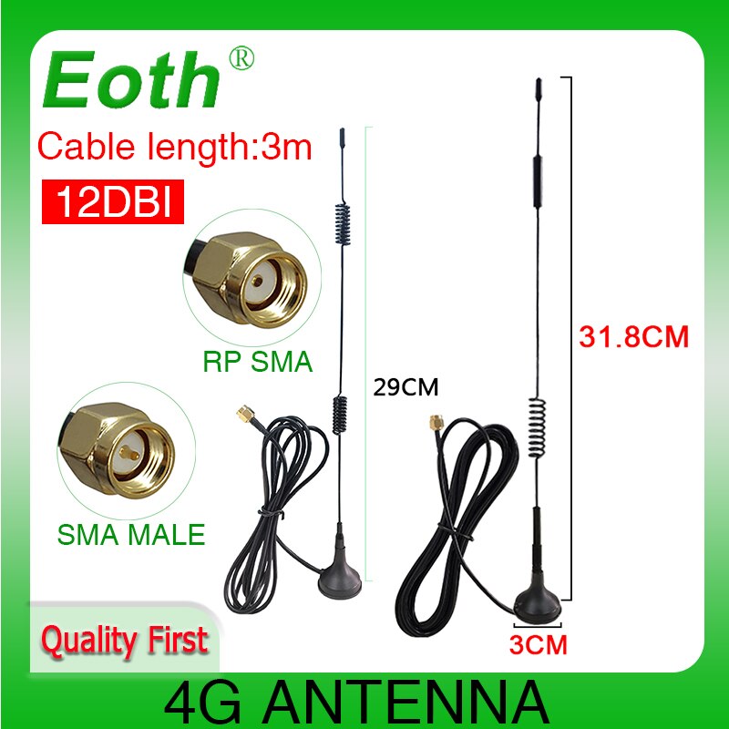 Eoth 1 2pcs 4G LTE Antenna 12dbi SMA Male Connector Aerial 698-960/1700-2700Mhz IOT magnetic base 3M Clear Sucker Antena