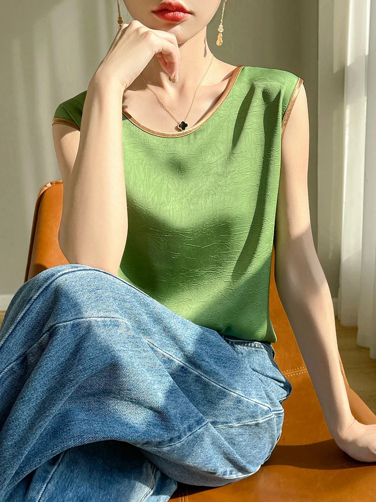 Women Summer Artificial Silk Satin Embossing Flower Thin O-neck Tank Top Gold Collar Hem Smooth Camisole Basic Model Silky Camis