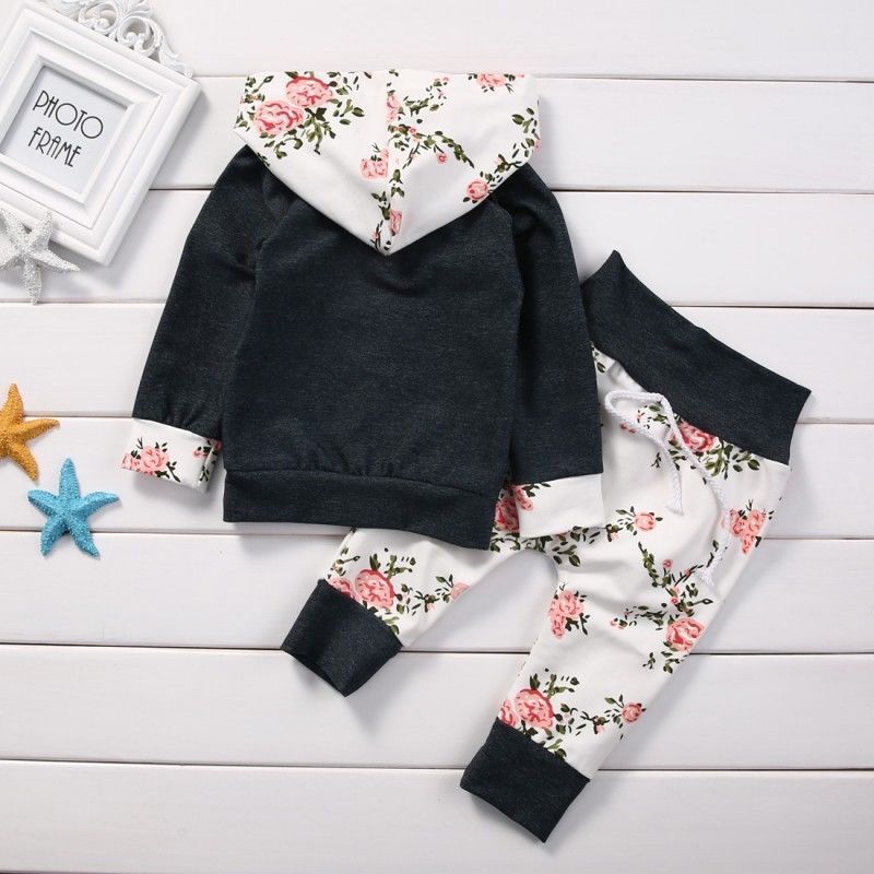 AA Summer Style Baby Clothes Set Newborn Baby Boys Girls Floral Hooded Tops +Long Pants Outfits 2PCS Clothes Set 0-24M