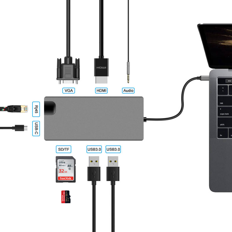 9 In 1 Type C Naar 2 Usb Sd Tf Card Lan Vga Hdmi Usbc 3.5 Mm Aux Jack Adapter hub Verlengen Pd Charge Dock 1000 Mbps Rj45 Otg Displa