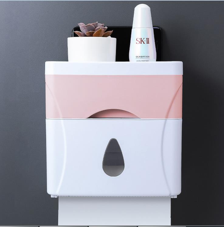 Vandtæt vægmontering toiletpapirholder hylde toiletpapir bakke rulle papirrør badeværelse væv opbevaringsboks: Lyserød