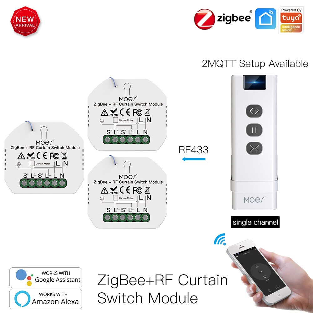 Moeshouse Zigbee Smart RF433 Gordijn Switch Module Voor Gemotoriseerde Rolluik Jaloezieën Motor 2Mqtt Smart Leven App Alexa Google