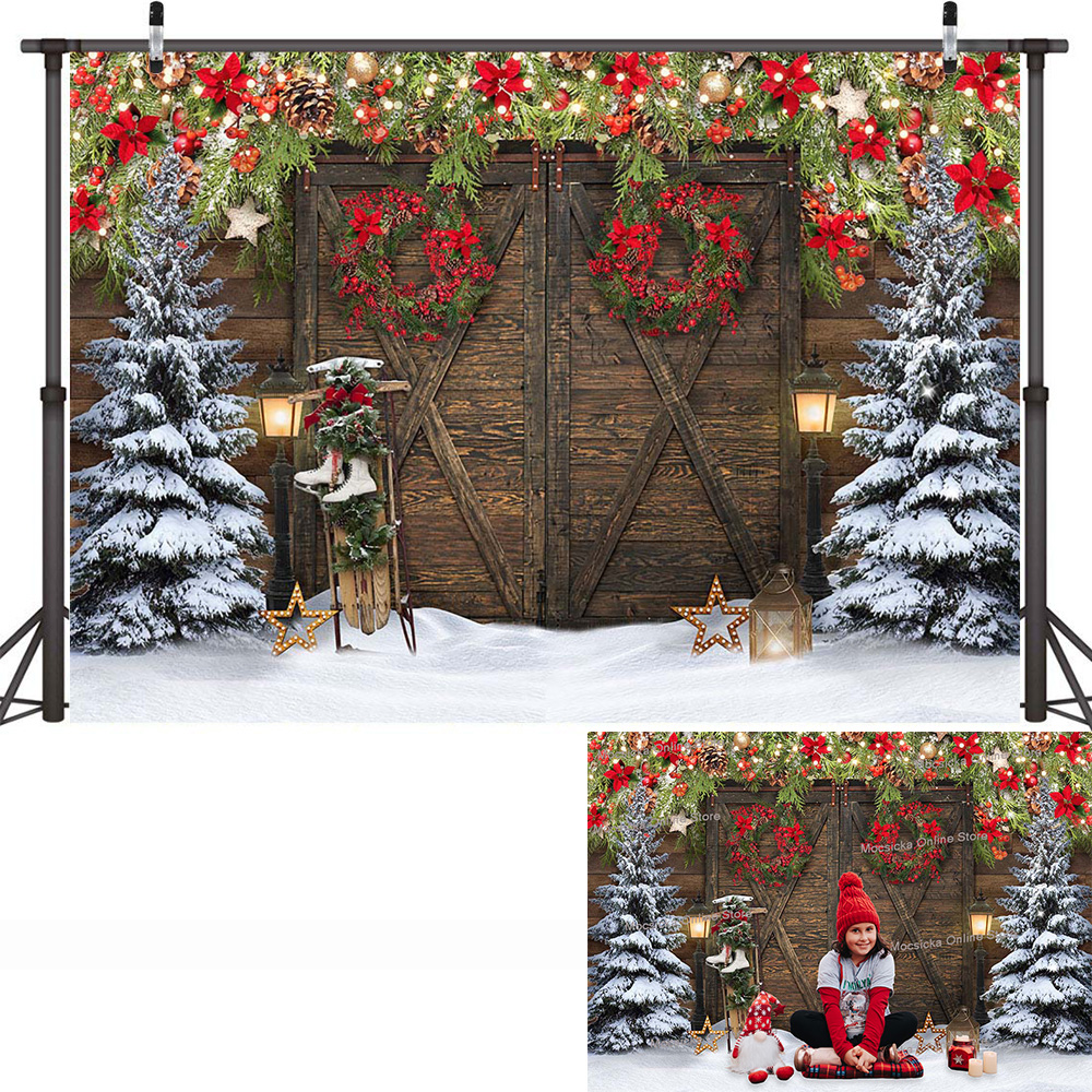 Rustic Wooden Door Backdrop for Winter Christmas Trees Red Flowers Wreath Snow Portrait Background Outdoor Skiing Party Supplies: 70*100