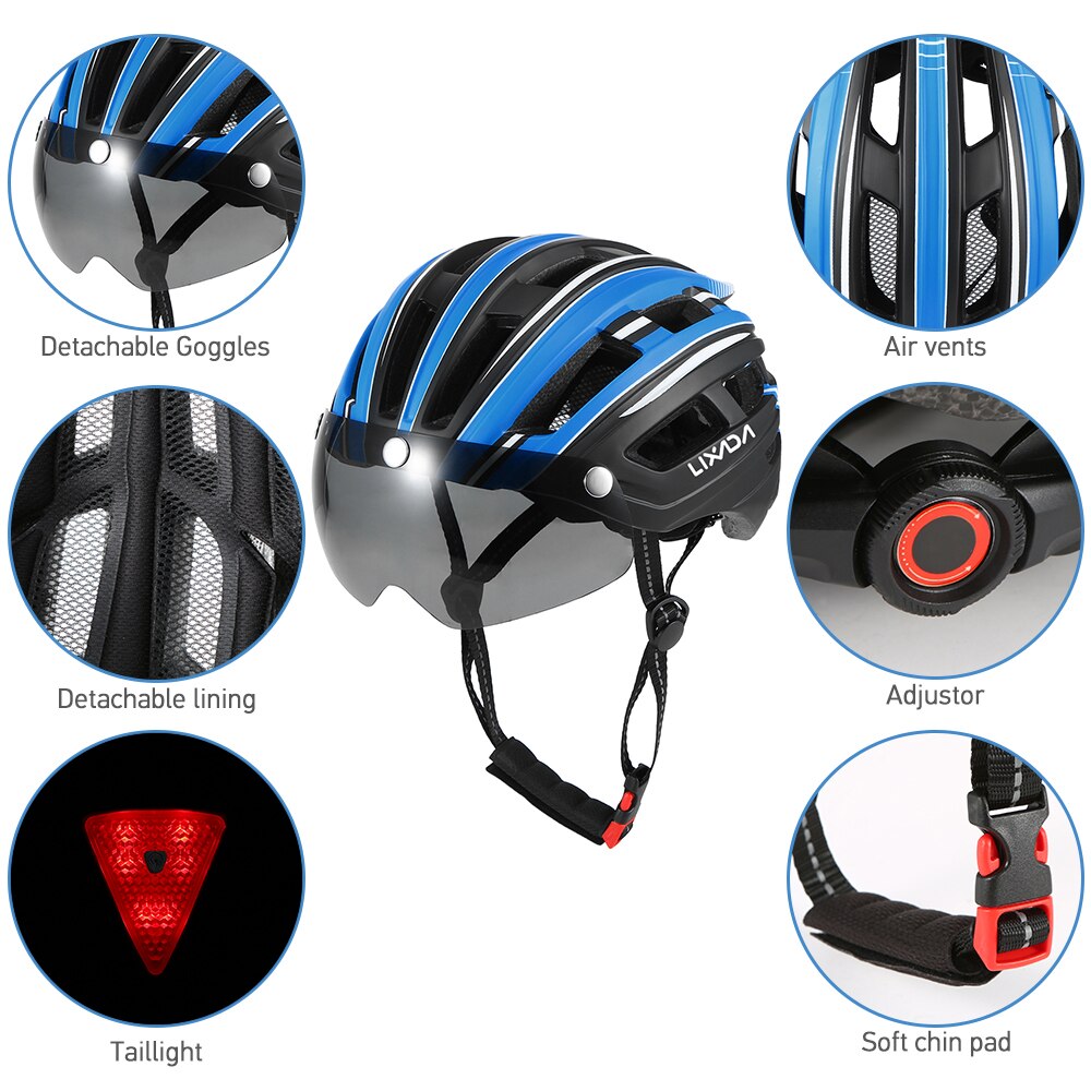 Lixada Mountain Bike Helmet Adjustable Bicycle Motorcycle Helmet with Back Light Detachable Magnetic Visor UV Protective Unisex