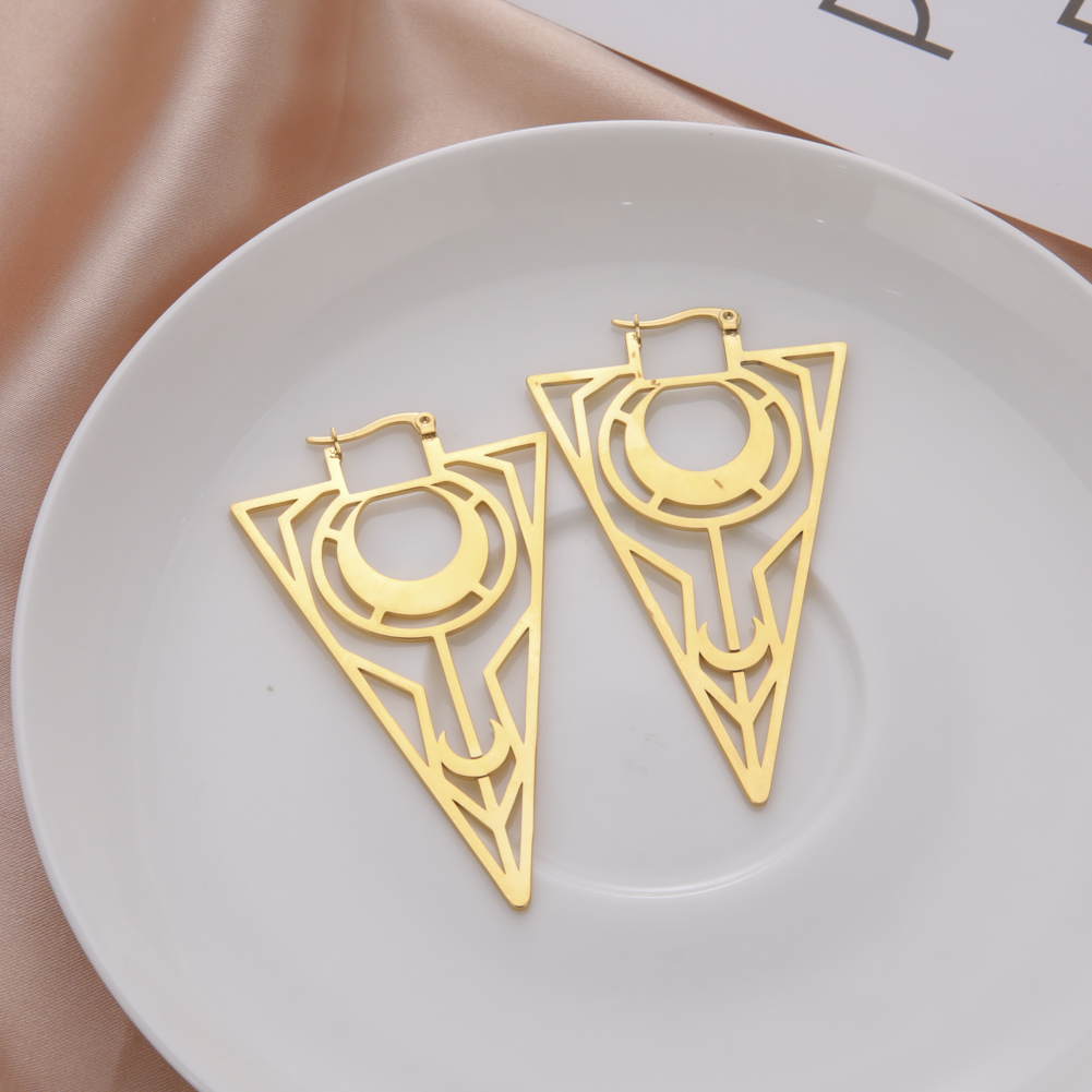 LIKGREAT-pendientes de aro negros geométricos triangulares góticos para mujer, aretes colgantes de Luna de acero inoxidable, amuleto Wicca, de joyería: cromo negro