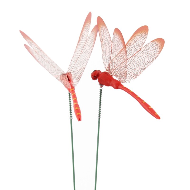 50 stuks/set kunstmatige libellen vlinders tuindecoratie buiten palen tuinplant gazon decoratie stok: Rood