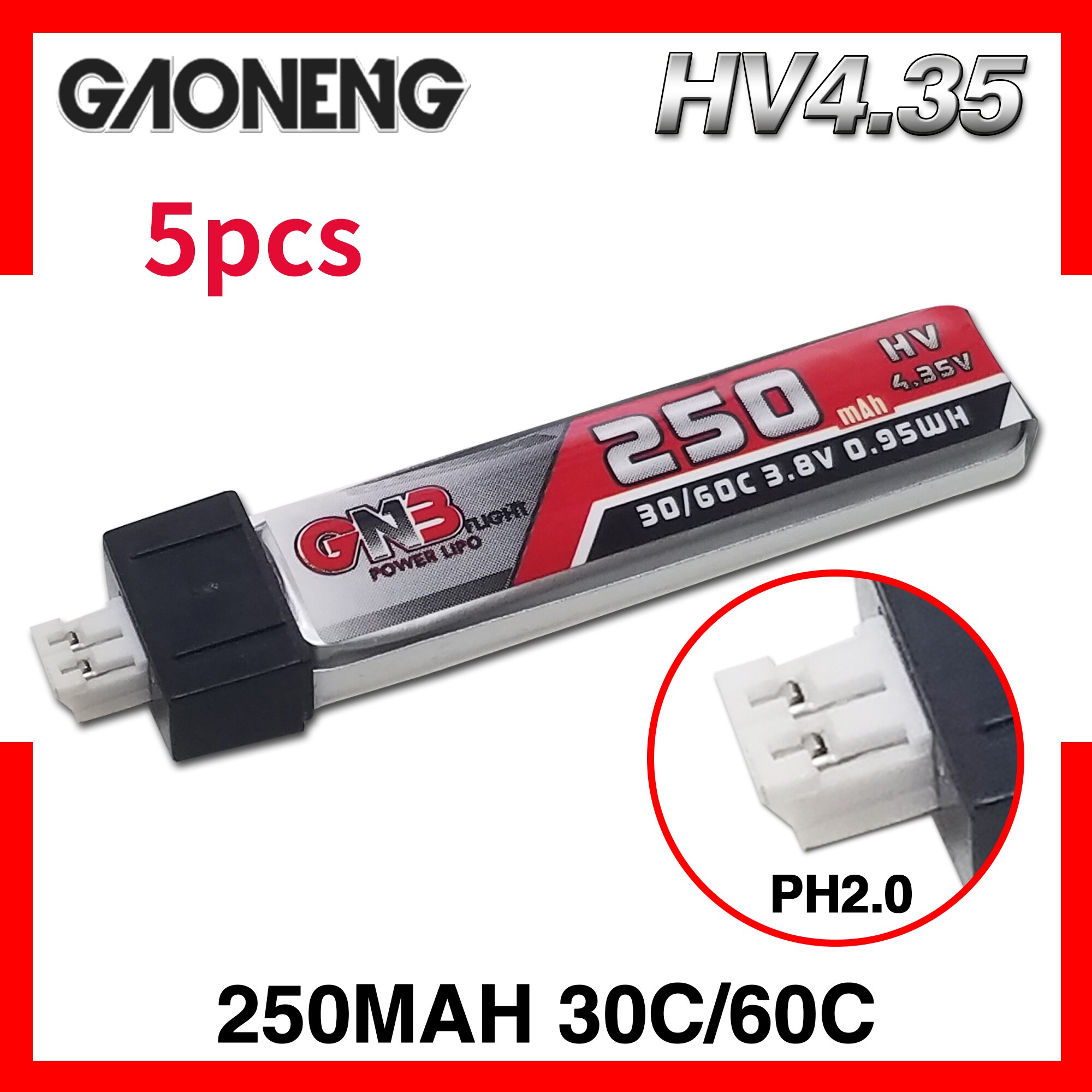 Gaoneng GNB HV 250mAh 1S 30C 60C 3.7V 4.35V HV with PH2.0 Plug Connector Indoor Hollow Cup Airplane Lipo Battery