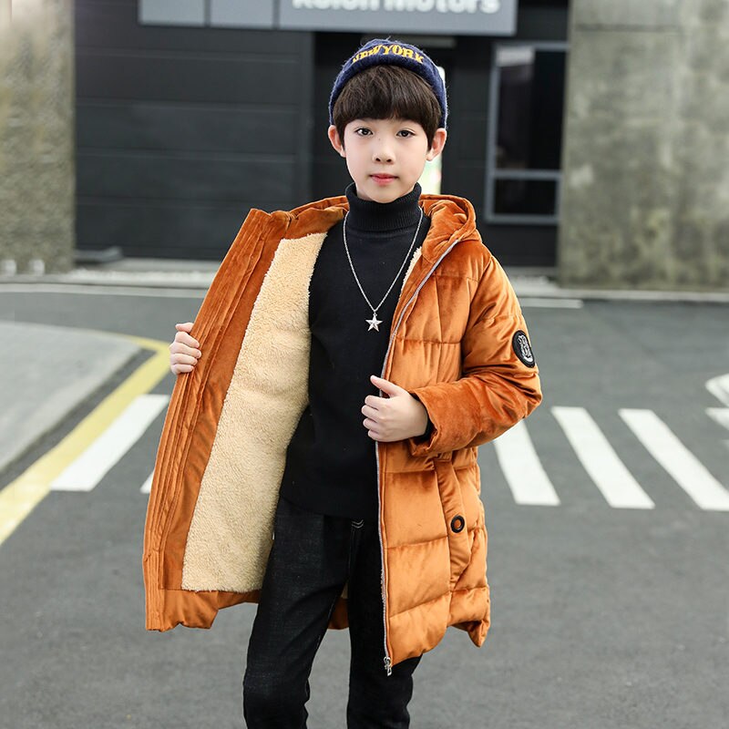 Inverno menino longo casaco parka adolescente casacos quentes casaco para crianças jaquetas pleuche adolescentes meninos inverno hoodies outerwear 5-14 t: Laranja / 14(155-165CM)
