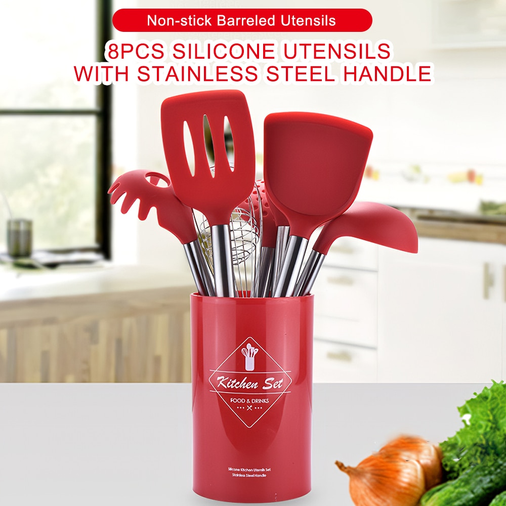 8 Uds juego de utensilios de cocina rojos aparatos cocina silicona espátula de madera con caja de soporte conjunto de herramientas de cocina