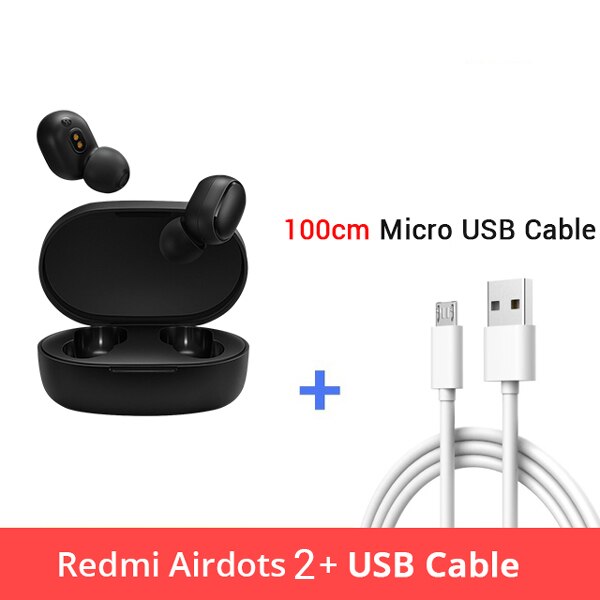 Original Xiaomi Redmi AirDots 2 Wireless Bluetooth 5.0 Charging Earphone In-Ear stereo bass Mi True Wireless Earbuds AI Control: CN Add 100cm Cable