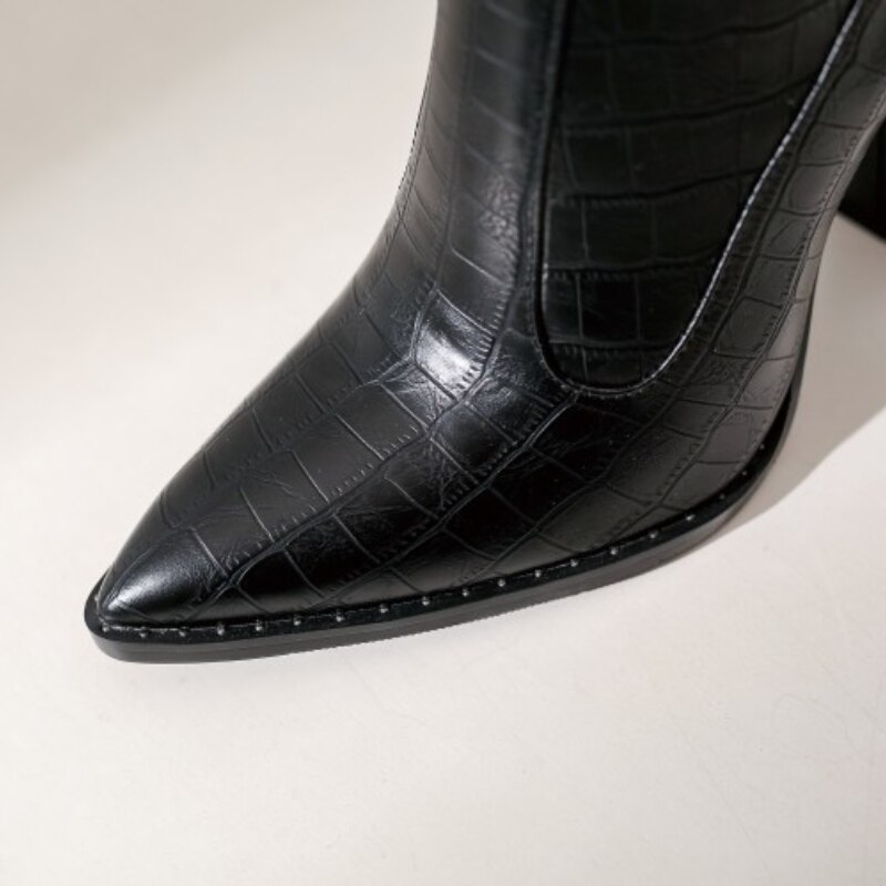 Bottes hautes pointues et épaisses à talons hauts pour femme, chaussures européennes et américaines, noires, blanches, grandes 43, sexy, hiver