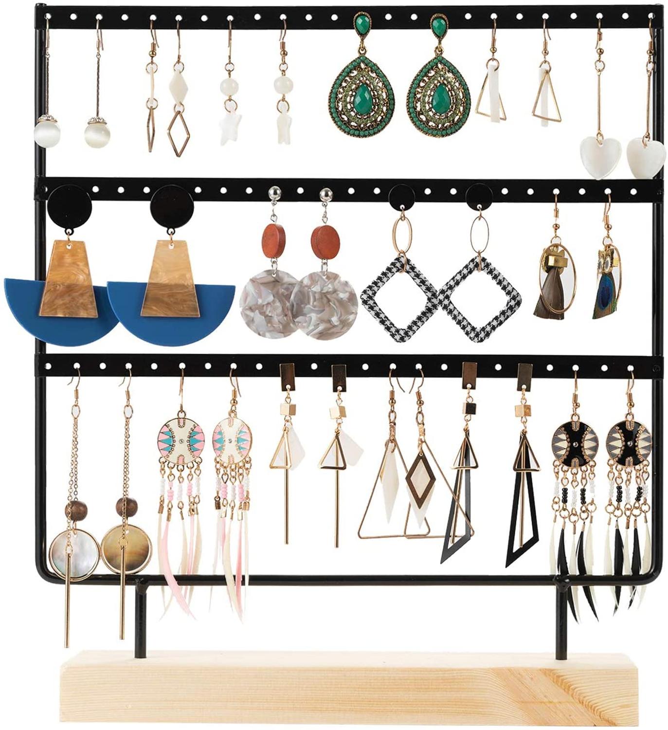 Oorbellenstandaard 3-- laags sieradenhouder organizer 69 gaten met houten basis displayrek voor vrouwen meisjes ho: Zwart